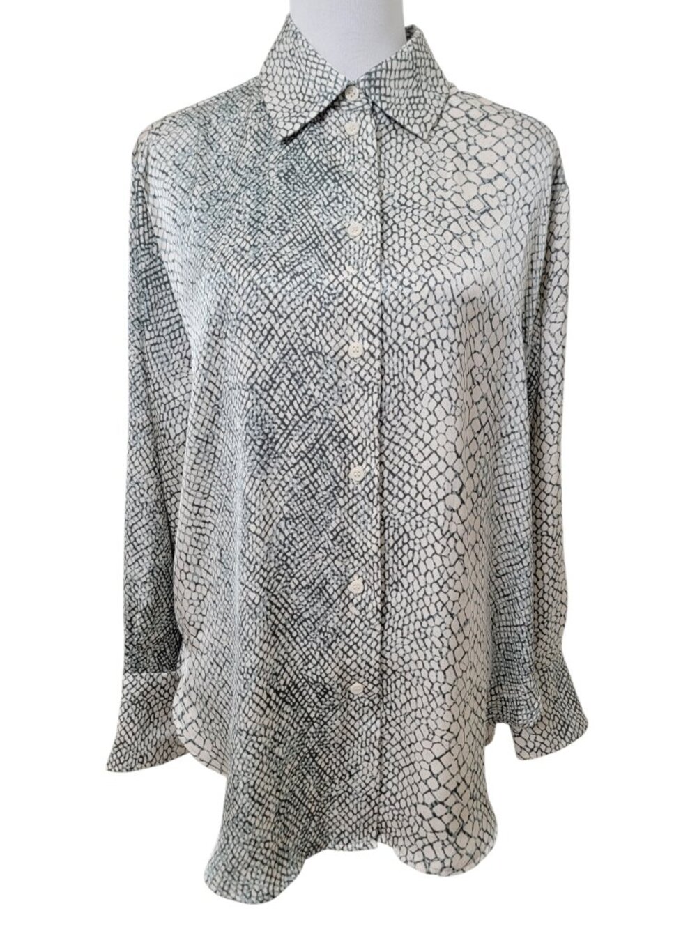 H&M Size S Cream and Gray Snakeskin Print Button Down Long sleeve Blouse